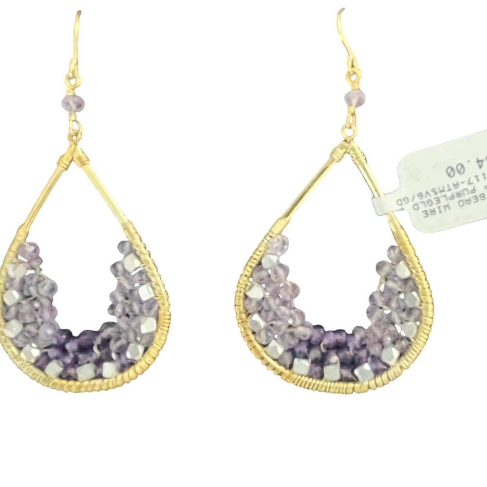 Vintage Handcrafted  Wire-Wrapped Purple Beads Teardrop Hoop Earrings NWT
